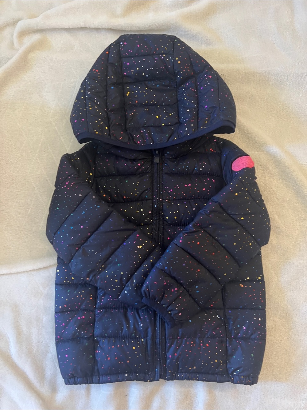 GAP Navy Hooded Puffer Jacket with Multicolor Speckles